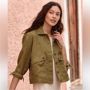 Garnet Hill‎ Harlow Flax Linen Jacket Olive Green Relaxed Boxy Size xl